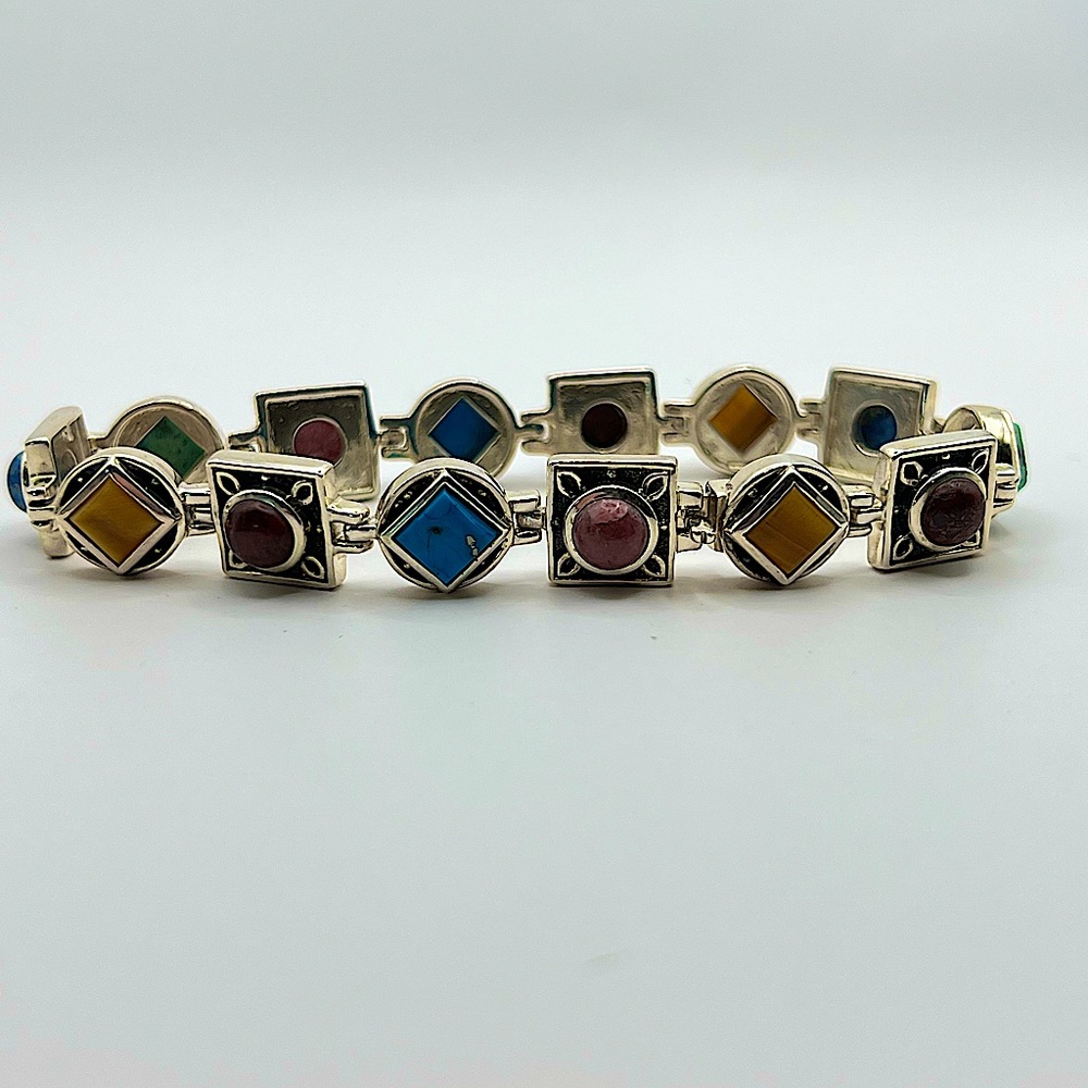 Turquoise Tiger Eye Garnet Sterling Silver Bracelet